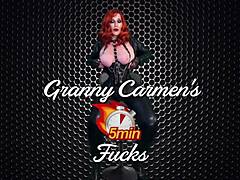 Granny Carmen, the gloved gilf, dives into a wild dildo session, reaching intense peaks in her mature solo play.
