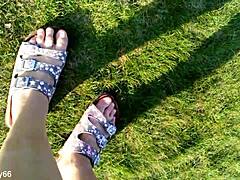 Barefoot in slippers outdoors - hey, check this solo German amateur vibe! 👣