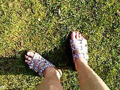 Barefoot in slippers outdoors - hey, check this solo German amateur vibe! 👣
