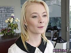 this tiny blonde teen steps into the scene rubbing her petite body with small tits in high definition leading to cumshot on her young frame