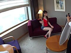 Overwhelmed by Desire for Tall Japanese Student with Big Natural Tits in Secret Model Audition Photoshoot.