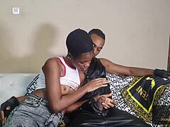 Hot black teen 18+ takes that big fat dick from biker on sofa in wild ride.