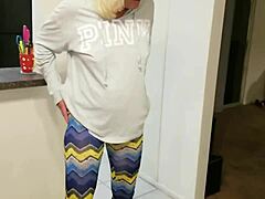 Her pretty shaved pussy pees anywhere in amateur blonde milf striptease