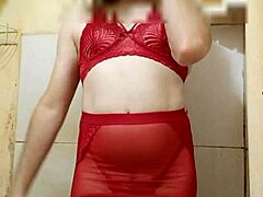 Crossdresser in Lingerie and Miniskirt Reveals Small Cock