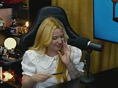 why is this blonde latina teen with big tits and ass on all fours showing pussy in tiny panties during podcast?