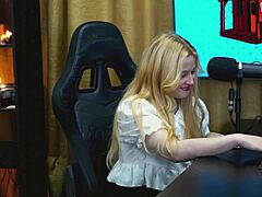 why is this blonde latina teen with big tits and ass on all fours showing pussy in tiny panties during podcast?
