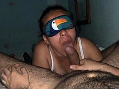 Blindfolded Cock Sucking Slut with Big Natural Tits in Sloppy Deepthroat Ball Licking