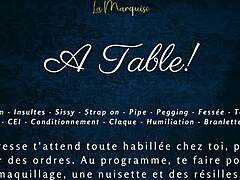 French audio femdom milking table session with sissy cei on desk