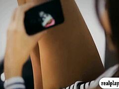 Attractive woman expresses pleasure while touching her smooth intimate area