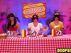 Ebony contestant straps on dildo to pound blonde and curvy competitors in kinky bisexual game.