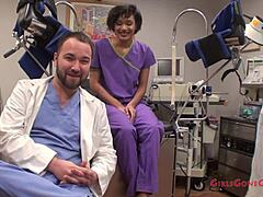 Jackie Banes stars in this behind-the-scenes orgasm research session at the hospital. She's a squirting Latina nurse using toys and fingering for intense anal play in latex gloves