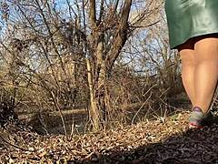 what hides under my mother-in-law's leather skirt? her wet pissing pussy in pantyhose and panties during outdoor flashing.