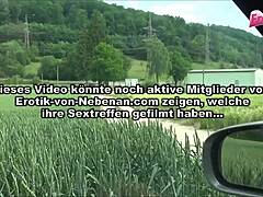 This German housewife gets dirty outdoors by the car, swallowing everything in a wild public session.