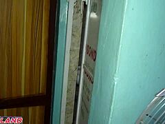 Amateur couple boldly fucks in interracial bathroom sex with wet pussy pounding in doggystyle