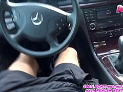 This German housewife gets dirty outdoors by the car, swallowing everything in a wild public session.