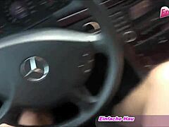 This German housewife gets dirty outdoors by the car, swallowing everything in a wild public session.