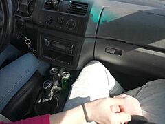 teen girl next door and her slutty friend give rough public blowjob turn by turn with cum swallowing during car trip in ffm threesome