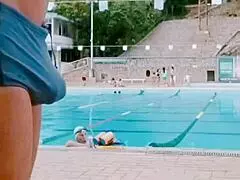 Big-cocked amateur in swimsuit at club pool