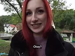 Public agent spots a redhead Brit flashing pierced tits before a wild basement creampie.