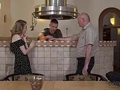 Bald daddy seduces son's cute girlfriend for creampie