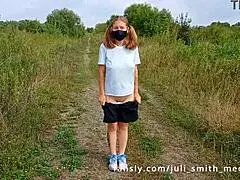 Cute Girl with Ponytails Flashing in Public Outdoor Scene