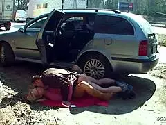 real teen street encounter in parking spot with client outdoors. curious about a wild car ride?