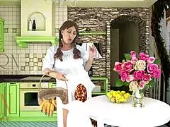 Does this cheerful maid without panties eat bananas in the dining room?