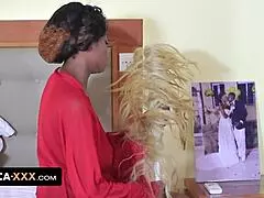 Ebony threesome with natural tits and hot cumshot