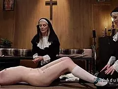 nun mistresses explore anal in tight bondage