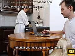 Horny Guy Stretches Cute Step-Ter Behind Stepmom's Back