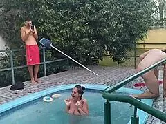 joy cardozo and friends strip naked in the pool for wild group sex