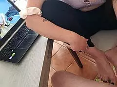 beautiful step sister gives handjob to help brother's erection