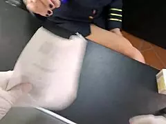 Married flight attendant cheats with cuckold during wedding flight body inspection, bent over in latex bride outfit for fingering and pussy fucking