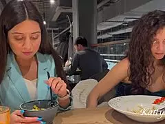 Two Bold Chicks Flash WITHOUT PANTIES During Lunch at the Mall in Public