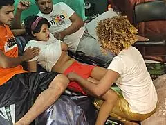 Horny milfs in a wild foursome get fucked doggystyle and take facial cumshots in this hentai scene