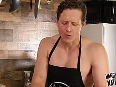 bodybuilder rips clothes in kitchen scene