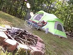 nina rivera explores her curvy body with glass dildo during outdoor camping adventure, ripping clothes for intense orgasm