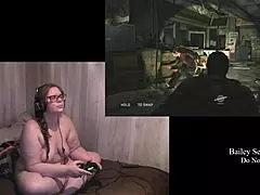 Naked brunette plays last of us part 3 with tattoos and piercings on display