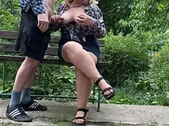 Hey, wanna see this big cock explode on her tits in the park? Right on the bench!