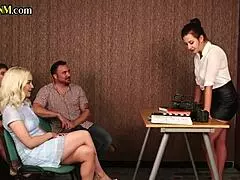 omg, these cfnm femdom babes jerking my lucky colleague’s cock in group, so hottt!