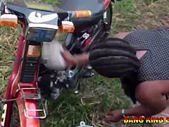 African housewife caught washing motorcycle, gangster devours her pussy with monster cock
