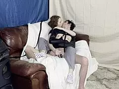 femdom mistress binds submissive shemale for hardcore handjob and cum