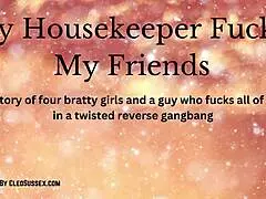 Four girls say, Let's gangbang this male housekeeper with pussy licking and creampie.