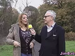 Busty Brit rides old man in steamy action.