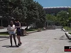 Babe in HEELS SUCKS TOES and BALLS PUBLICLY for VOYEURS