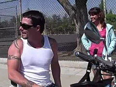 Elizabeth in pigtails sucks big cock then rides cowgirl style.