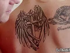 Blonde housewife swallows cum after intense fucking in front of cuck