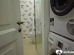 This alluring redhead in the bathroom gives an amazing blowjob to the old guy