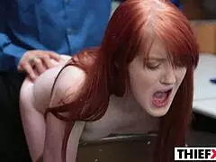 Petite redhead teen thief caught and fucked hard at garage work.