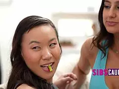 3 Hot Stepsisters Suck Stepbro's Rough Meat Stick! Cute Asian Tits in Taboo Group Blowjob